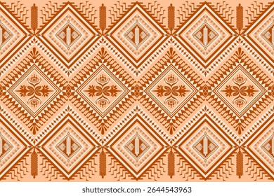 A rich, seamless geometric ethnic pattern in warm brown and orange tones, intricate tribal motifs and stylized floral elements within diamond shapes. Ideal for textiles, print, wallpaper, background.