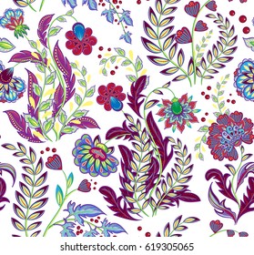 Rich seamless pattern in ethnic traditional style. The sumptuous pattern of hand draw fantasy flowers pattern. Vector