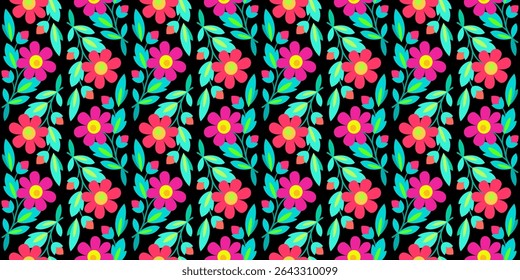 Rich seamless pattern of flowers in country style. Bright positive plant ornament. Summer floral linear decor. Design element of red blue flowers on black background
