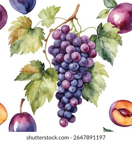  Rich seamless pattern with hand-painted watercolor purple grapes, ripe plums (whole and halved), and green leaves on a white background. Autumn harvest mix.