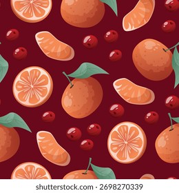rico patrón sin fisuras con naranjas, arándanos y arándanos sobre un fondo rojo oscuro profundo. 