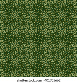 Rich seamless pattern with repeating abstract golden elements on the green background. Vector illustration eps