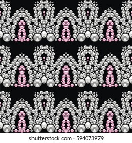 Rich seamless pattern of rhinestones silver and pink. Beautiful embroidery of shiny stones and beads. Wedding decorations.