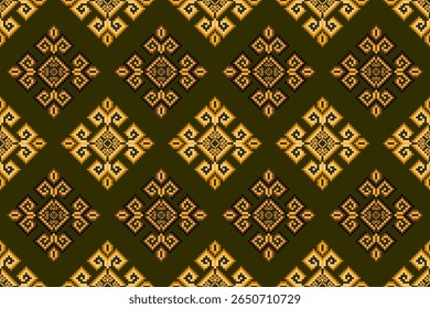 Um rico padrão de arte de pixel sem costura, diamante geométrico étnico e motivos espirais em amarelo dourado, verde-oliva escuro. Ideal para design têxtil, moda, fundo cultural, digital, tradicional, terra