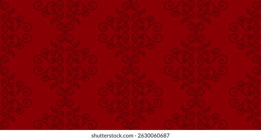 Rico padrão ornamental vermelho sem costura com floreios simétricos. Modelo de fundo vetor damask tradicional para papel de parede e têxtil.