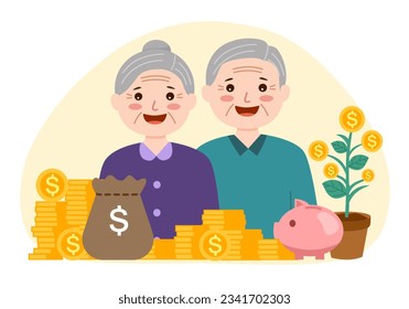 Ilustración vectorial de concepto de pareja de ancianos ricos. Pensionistas felices con dinero.