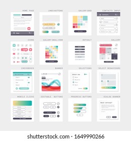 Rich set of designed buttons, dialogs, mock-ups, selections. All in vector. Icons, gallery, modals for web sites, mobile apps. UI design.