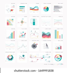 Rich set of designed data charts components.Diagrams with charts, tracking, and radars, all in vector.  Colors are provided, easy to change.