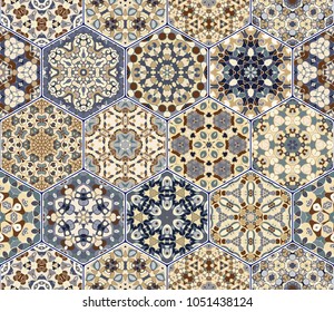 A rich set of hexagonal ceramic tiles in shades of blue and brown. Colorful elements in oriental style. Vector illustration.
