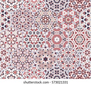 A rich set of hexagonal ceramic tiles. Colorful elements in oriental style. Vector illustration.