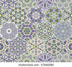 A rich set of hexagonal ceramic tiles in shades of blue and green. Colorful elements in oriental style. Vector illustration.