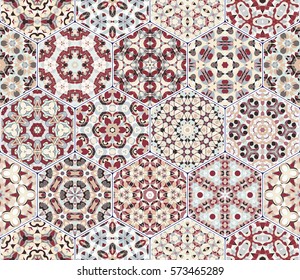 A rich set of hexagonal ceramic tiles in shades of red and beige. Colorful elements in oriental style. Vector illustration.