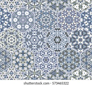 A rich set of hexagonal ceramic tiles in shades of blue. Colorful elements in oriental style. Vector illustration.