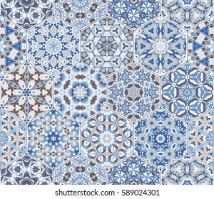 A rich set of hexagonal ceramic tiles in shades of blue and brown. Colorful elements in oriental style. Vector illustration.