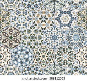 A rich set of hexagonal ceramic tiles in shades of blue and green. Colorful elements in oriental style. Vector illustration.