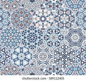 A rich set of hexagonal ceramic tiles in shades of blue and brown. Colorful elements in oriental style. Vector illustration.