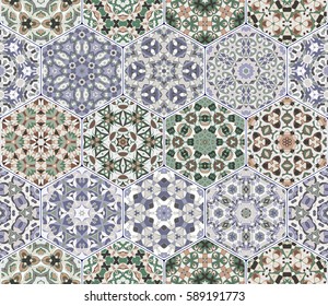 A rich set of hexagonal ceramic tiles in shades of blue and green. Colorful elements in oriental style. Vector illustration.