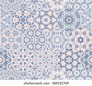 A rich set of hexagonal ceramic tiles in shades of blue and pink. Colorful elements in oriental style. Vector illustration.