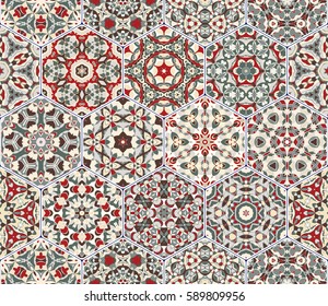 A rich set of hexagonal ceramic tiles in shades of red and green. Colorful elements in oriental style. Vector illustration.