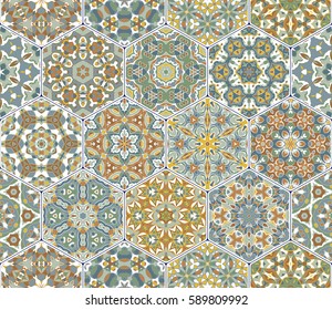 A rich set of hexagonal ceramic tiles. Eastern colored carpet. Colorful elements in oriental style. Vector illustration.