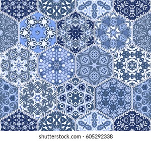 A rich set of hexagonal ceramic tiles in shades of blue. Colorful elements in oriental style. Vector illustration.