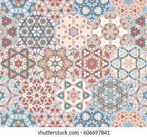 A rich set of hexagonal ceramic tiles in shades of red and blue. Colorful elements in oriental style. Vector illustration.