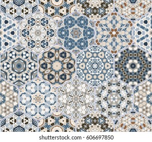 A rich set of hexagonal ceramic tiles in shades of blue and brown. Colorful elements in oriental style. Vector illustration.