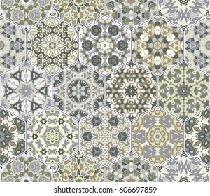 A rich set of hexagonal ceramic tiles in shades of green. Colorful elements in oriental style. Vector illustration.