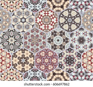 A rich set of hexagonal ceramic tiles in shades of red and beige. Colorful elements in oriental style. Vector illustration.