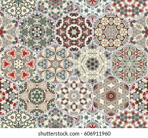 A rich set of hexagonal ceramic tiles. Colorful elements in oriental style. Vector illustration.