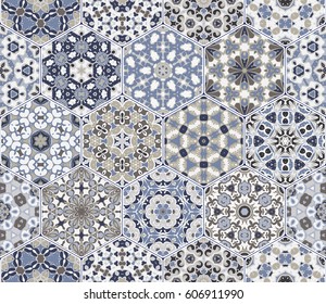 A rich set of hexagonal ceramic tiles in shades of blue and brown. Colorful elements in oriental style. Vector illustration.