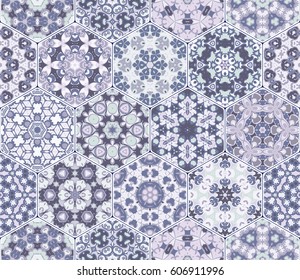 A rich set of hexagonal ceramic tiles in shades of blue and brown. Colorful elements in oriental style. Vector illustration.