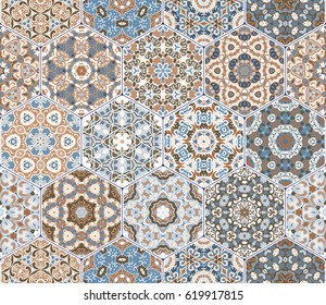 A rich set of hexagonal ceramic tiles. Eastern colored carpet. Colorful elements in oriental style. Vector illustration.