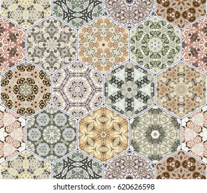 A rich set of hexagonal ceramic tiles. Eastern colored carpet. Colorful elements in oriental style. Vector illustration.