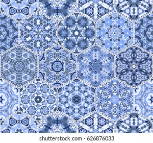 A rich set of hexagonal ceramic tiles in shades of blue. Colorful elements in oriental style. Vector illustration.
