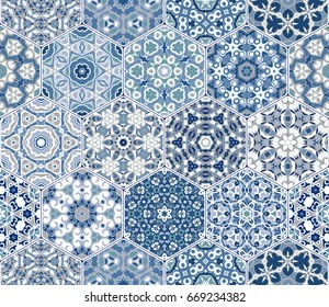 A rich set of hexagonal ceramic tiles in shades of blue. Colorful elements in oriental style. Vector illustration.