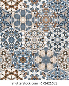 A rich set of hexagonal ceramic tiles in shades of blue and brown. Colorful elements in oriental style. Vector illustration.