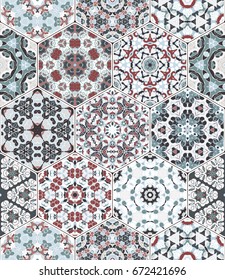 A rich set of hexagonal ceramic tiles in shades of blue. Colorful elements in oriental style. Vector illustration.