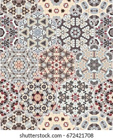 A rich set of hexagonal ceramic tiles in shades of red and beige. Colorful elements in oriental style. Vector illustration.