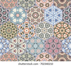 A rich set of hexagonal ceramic tiles. Eastern colored carpet. Colorful elements in oriental style. Vector illustration.