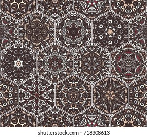 A rich set of hexagonal ceramic tiles. Eastern colored carpet. Colorful elements in oriental style. Vector illustration.