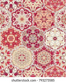 A rich set of hexagonal ceramic tiles. Colorful elements in oriental style. Vector illustration.