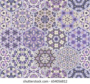 A rich set of lilac hexagonal ceramic tiles. Colorful elements in oriental style. Vector illustration.