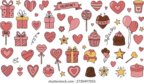 Um rico conjunto de ilustrações vetoriais do Dia dos Namorados com uma grande variedade de formas cardíacas e símbolos românticos, ideais para expressar amor e carinho.