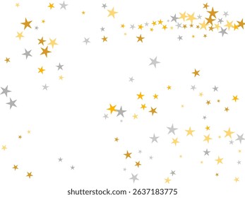 Rich silver and gold stars magic scatter wallpaper. Many starburst spangles Noel decoration confetti. Cartoon stars magic design. Spangle symbols greeting decor.