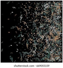 Rich silver vector sparkling music signs confetti falling down. VIP premium design. Christmas, new year celebration. Music festival background, soft grey glitter, shining sparkles, black background.
