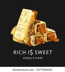 rich slogan with choccolate gold bar vector illustration on black background