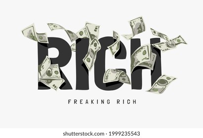 rich slogan with flying banknote vector illustration