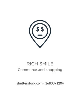 Icono de sonrisa rica. Icono de una sonrisa delgada lineal y rica aislada en fondo blanco de la colección de comercio y compras. Signo vectorial de línea, símbolo para web y móvil