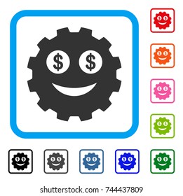 Rich Smiley Gear icon. Flat gray iconic symbol inside a blue rounded rectangle. Black, gray, green, blue, red, orange color additional versions of Rich Smiley Gear vector.